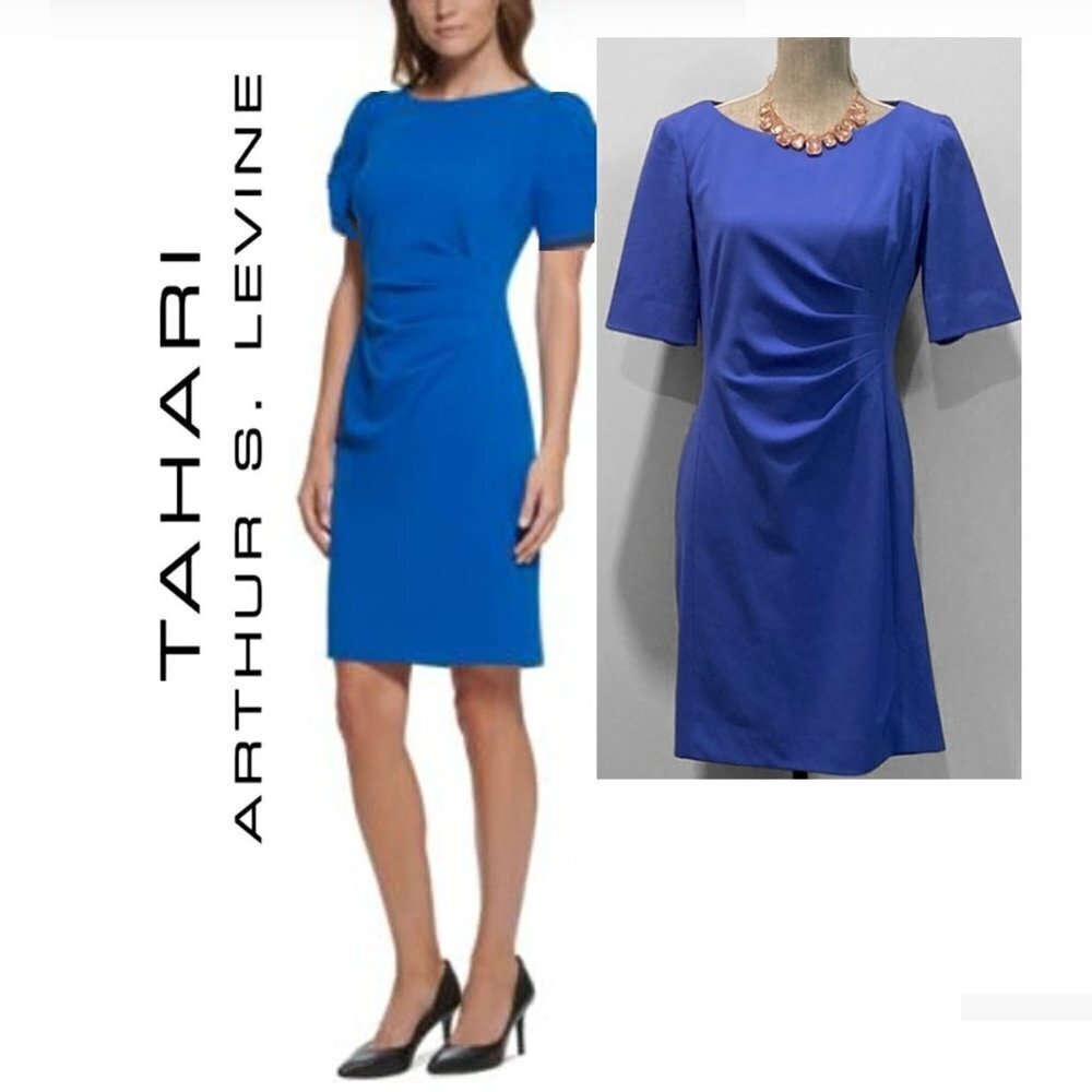 TAHARI Blue Ruched Dress 8 Medium